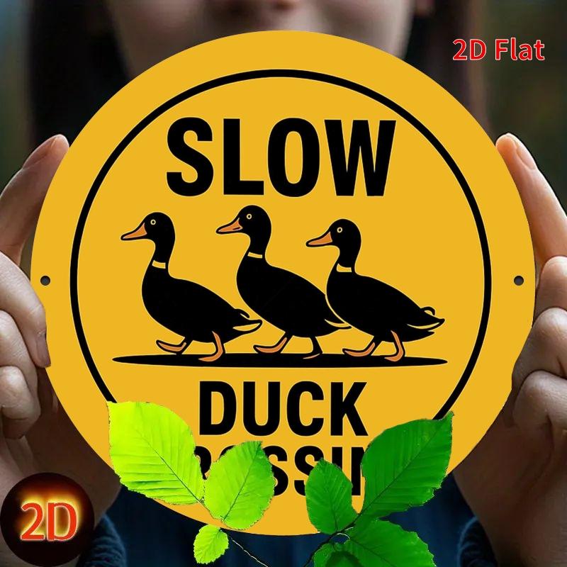 Slow Duck Crossing Round Metal Tin Sign D Flat Road Warning Wall Plaque For Home Decor