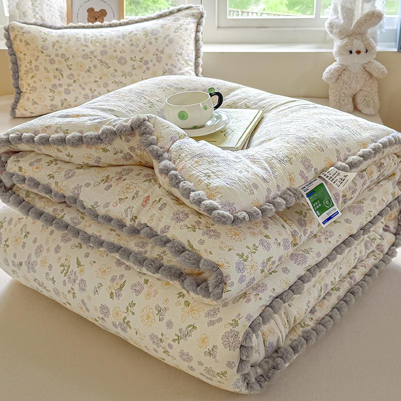 Утолщенное зимнее кружевное одеяло с помпонами – Теплый хлопок для односпального/двуспального общежития, Весна/Осень