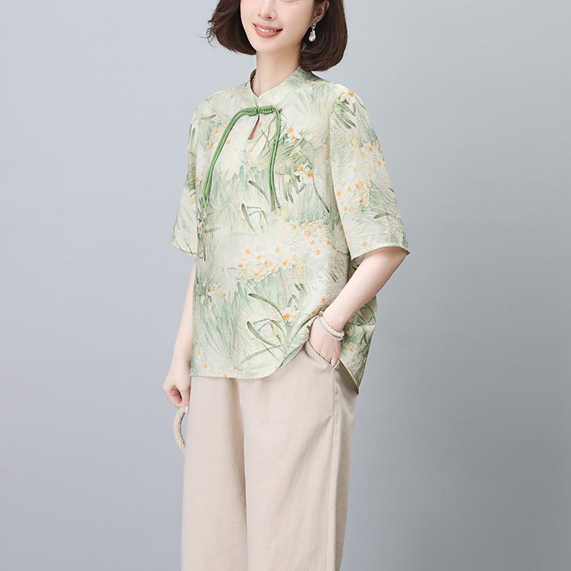 Летний женский костюм в национальном стиле из хлопка и льна, состоящий из двух предметов, для пышных фигур