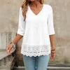 Женская рубашка с V-образным вырезом, рукавом 3/4, повседневная, с кружевной вставкой на подоле, жаккардовым декором, однотонная, дышащая