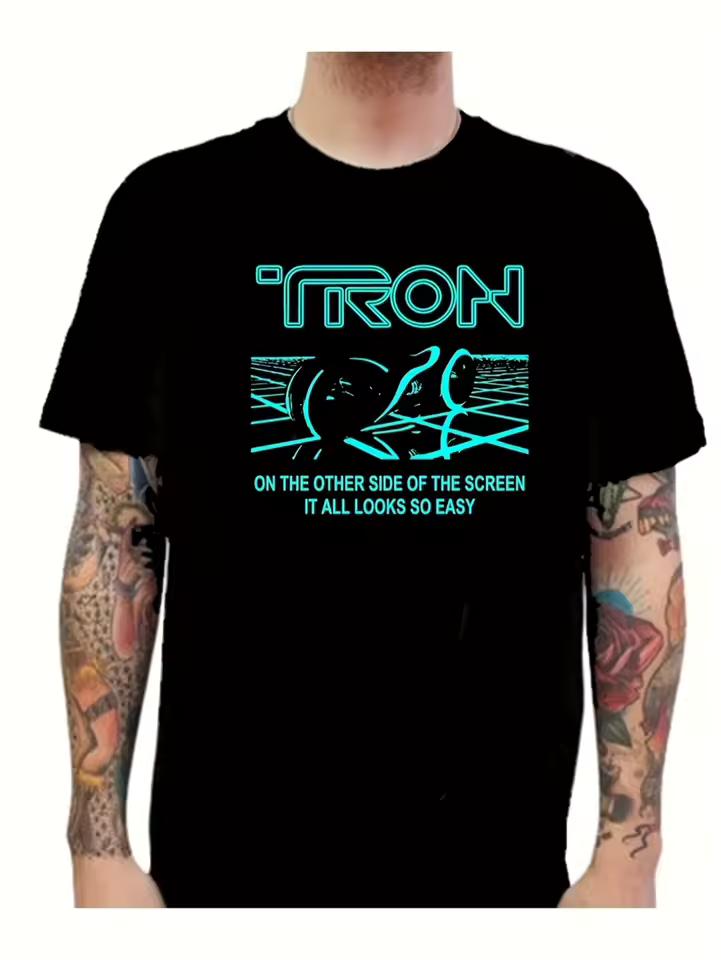 New T-shirt with Tron movie graphic, featuring neon blue lettering and a Light Cycle design for sci-fi movie fans.