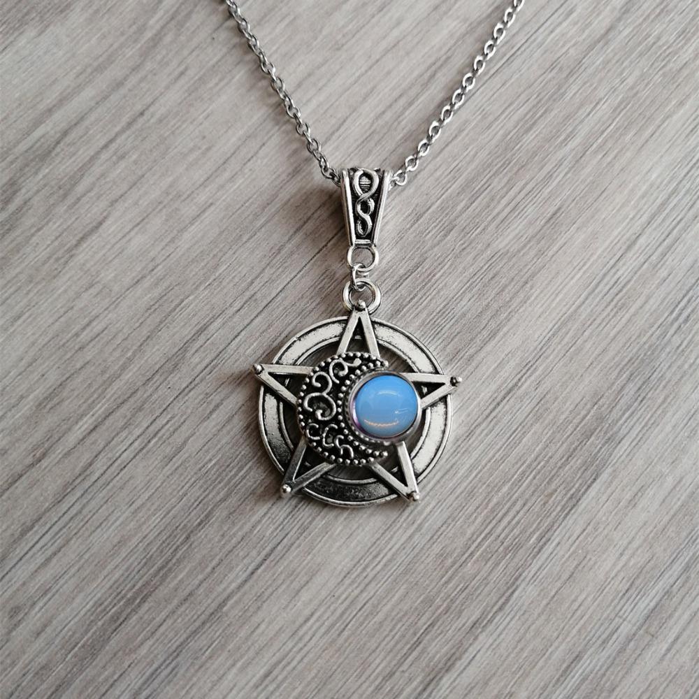 Charm Gothic Silver Color Five-pointed Star Hollowed-out Crescent Purple Crystal Pendant Necklace for Women Halloween Jewelry