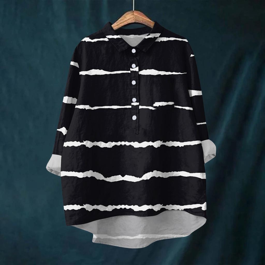 Women's Shirt Blouse Long-sleeved With Buttons Print Casual Hem Irregular Shirt Collar Top