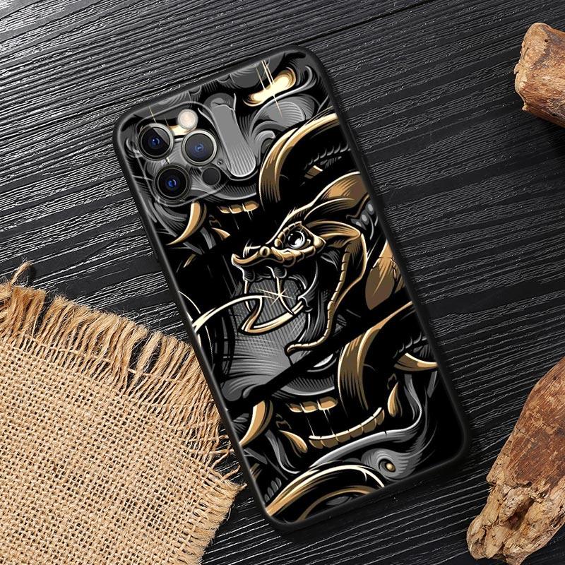 Япония Они Самурай Йокай Маска Дракон Искусство Черная Крышка Для Apple iPhone 15 13 14 12 11 Pro Max Mini XS 6 7 8 Plus Чехлы Мягкие Fundas