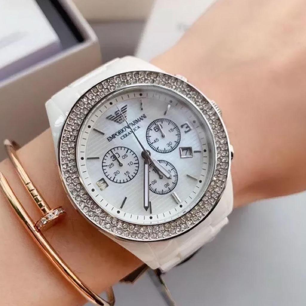 Emporio Armani AR1456 Ceramica Chronograph Белый циферблат Белые керамические женские часы