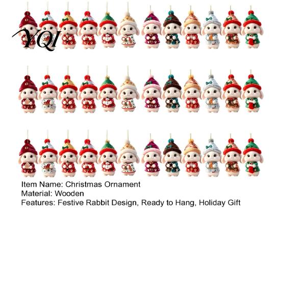 Christmas Garland Hanging Ornaments Bunny Wooden Ornament, 2D Flat Rabbit Decor with Santa Indoor Holiday Party Decorations Hat, Tree Pendant