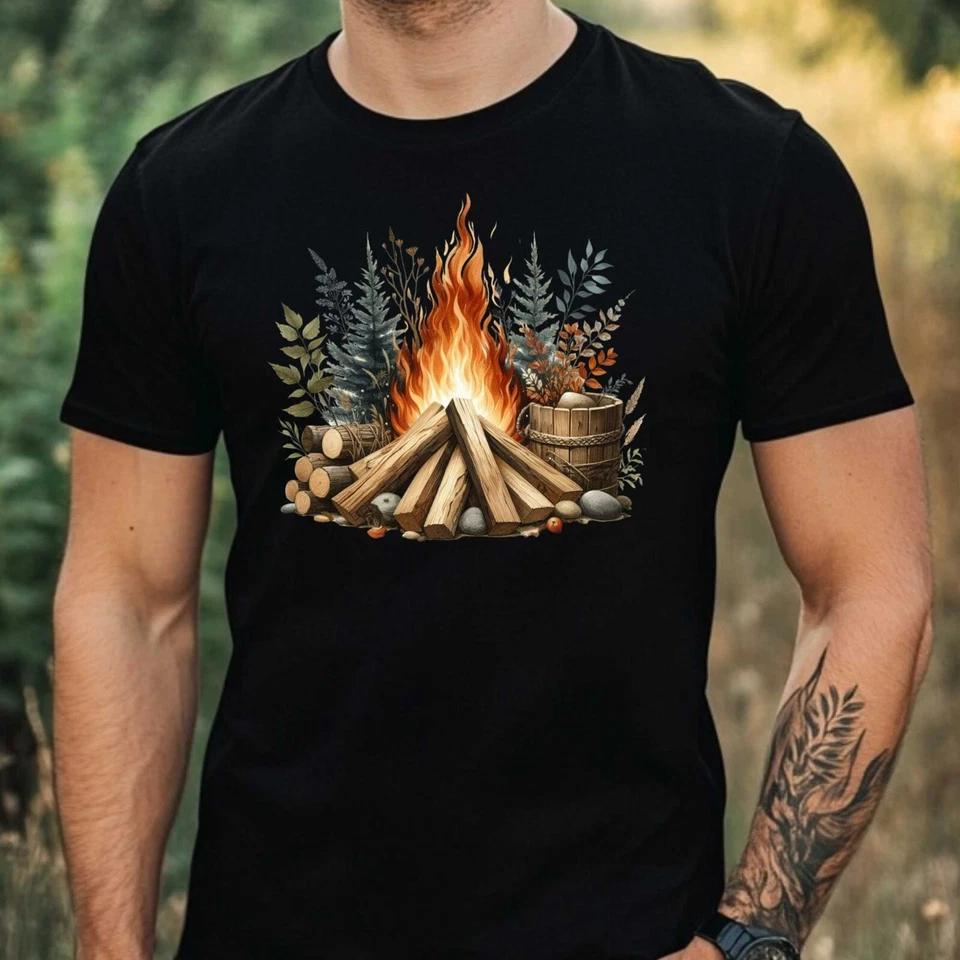 Mens Campfire Motif Cotton T-Shirt Size XS to 5XL-