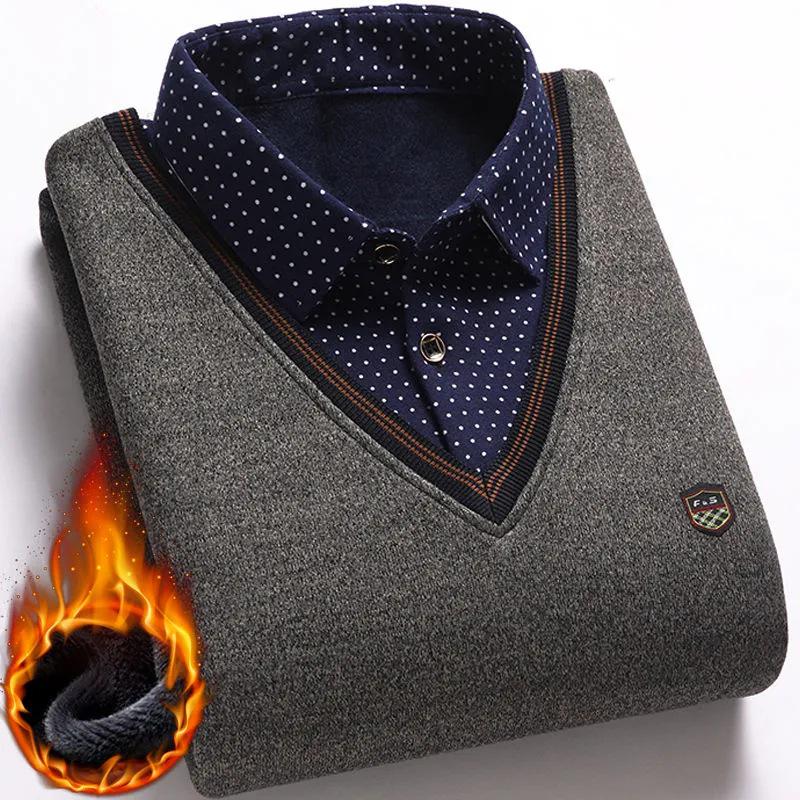 Мужской флисовый двухпредметный свитер с воротником-рубашкой для среднего и пожилого возраста