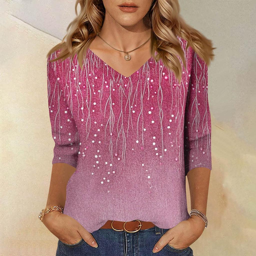Women's Tops Three-quarter Sleeve Shirt V-neck Loose Casual Shirt Floral Print T-shirt