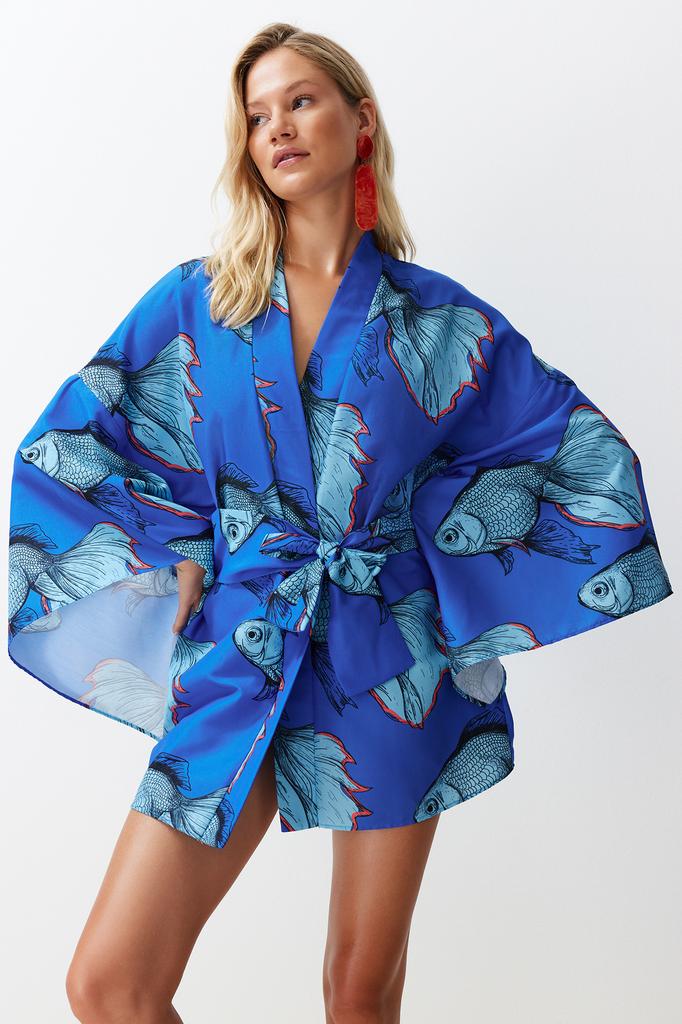 Women's Fashion New Kimono&Kaftan Floral Pattern Belted Mini Woven KimonoKaftan
