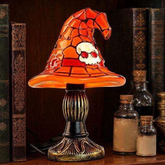Halloween Witch Hat Table Lamp, USB Stained Glass Witch Hat Lamp, Vintage Gothic Wizard Hat Decorative Night Light for Home, Bedroom
