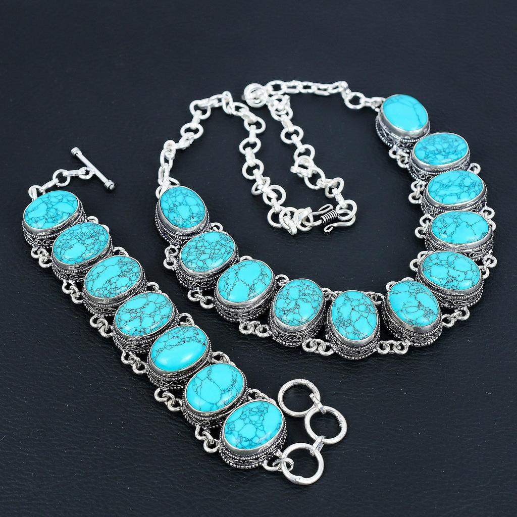 Natural Turquoise Gemstone Handmade 925 Sterling Silver Jewelry Neclace Bracelet Set, Antique Jewelry Set, Thanksgiving Gift