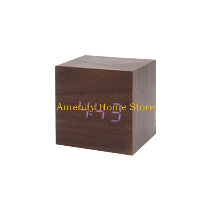 F26C Wood Cube Voice Control  Led Alarm Clock Decorative Clock Ornaments Art Crafts Supplies for Home Bedroom Dormitory