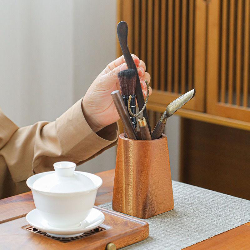 Винтажная деревянная подставка для ручек Минималистичный органайзер большой вместимости Пенал Портативный держатель для кистей для макияжа Настольный органайзер Горшок