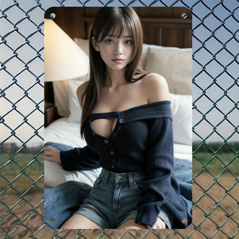 HD Metal Tin Sign Pretty Asian Girl In Off Shoulder Sweater Vintage Wall Art Plaque Other Metals Decor For Home Bedroom Room Dec