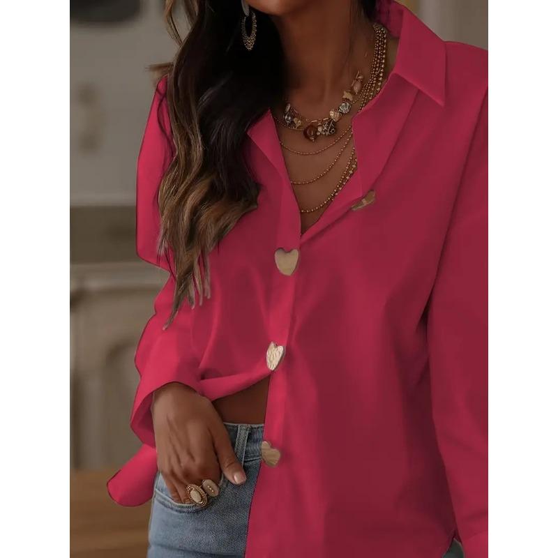 Women Elegant Commute Single Breasted Heart Button Long Sleeve Loose Shirt