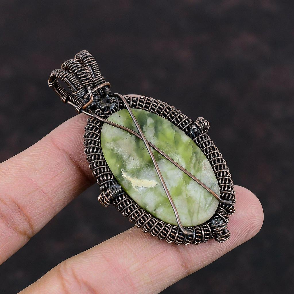 Зеленый арагонит, медный кулон, кулон с драгоценным камнем, завернутый в проволоку, ювелирные изделия из зеленого арагонита, кулон ручной работы, медная проволока, ювелирный подарок для мамы