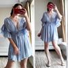 2022 Bikini Cover-ups White Tunic Sexy V-neck Butterfly Sleeve Summer Beach Wear Mini Dress Plus Size Women Swimsuit Cover Up D0