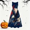 Women Plus Size Round Neck Sleeveless Eagle Printed Beige Navy Tie Waist A Line Long Dress