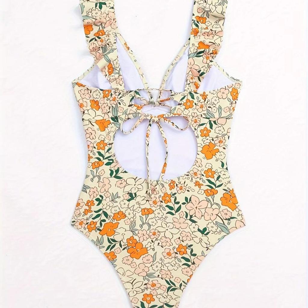 Популярный европейский и американский женский слитный купальник с V-образным вырезом и оборкой по краю бретелей