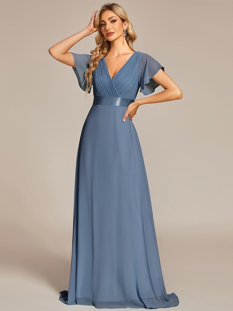Ever-Pretty Women's Double V-Neck Empire Waist Floor Length Chiffon Evening Dresses with Short Flutter Sleeves
