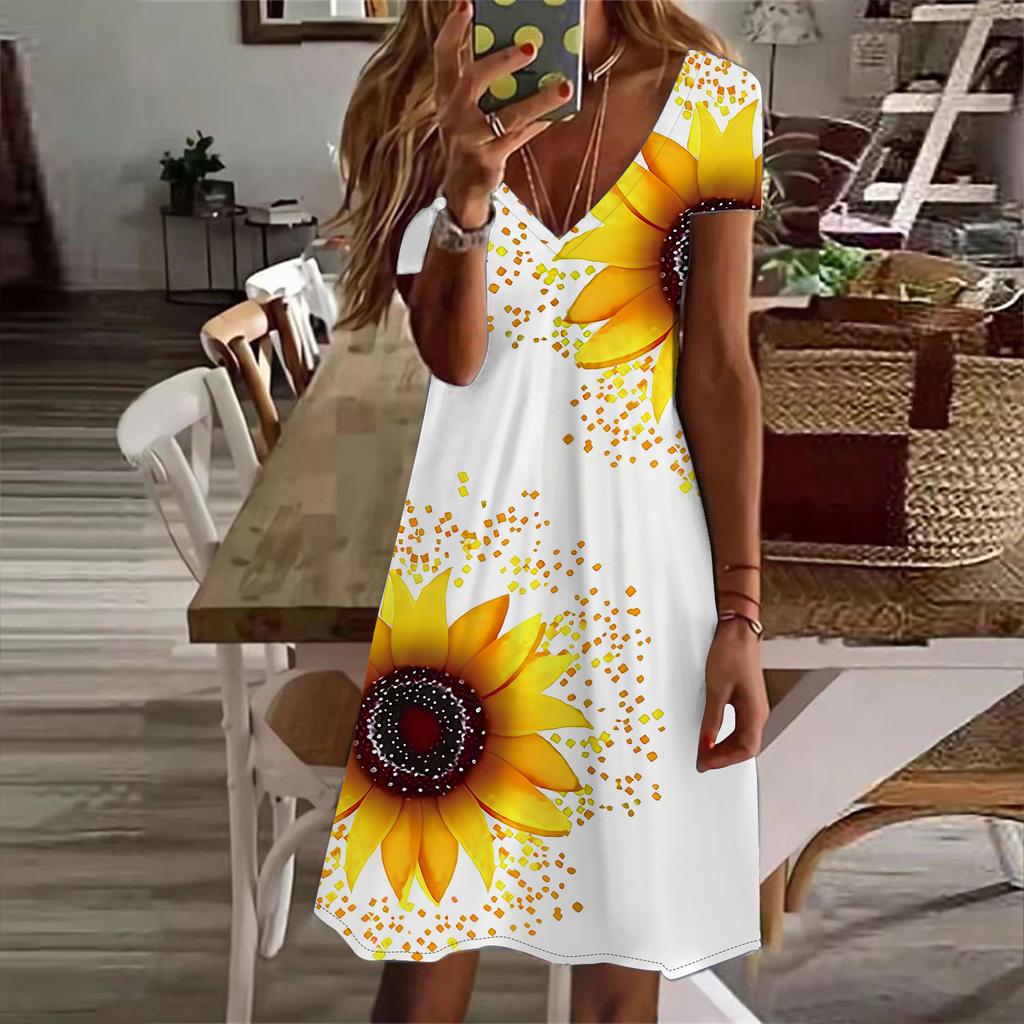 Летняя мода женские V-образный вырез короткий рукав подсолнечник принт платье сексуальные короткие юбки платья