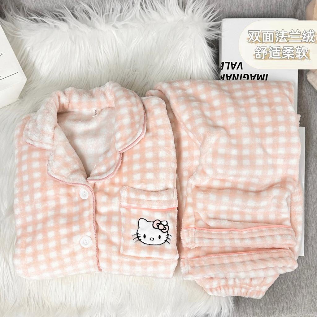 1011 Women's Pajamas Cute Polka Dot HelloKitt Winter Thickened Flannel Homewear Set
