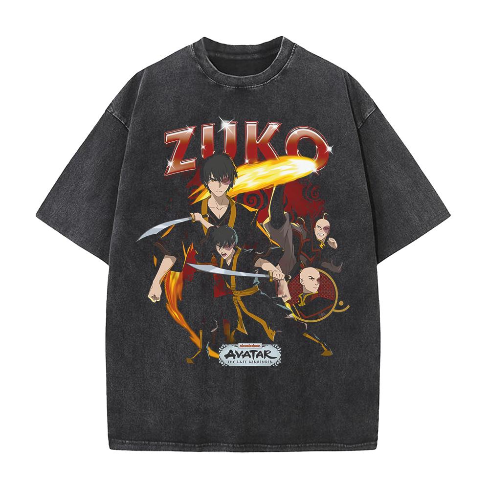 Zuko Avatar Anime Printed Retro T Shirt Vintage Washed Oversized Streetwear Men Clothing Harajuku High Quality Cotton T-shirt