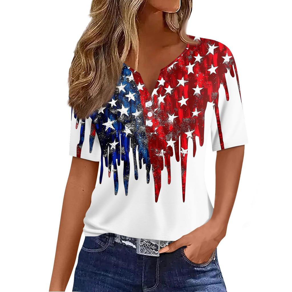 Women's T Shirt Independence Day Print Button Short Sleeve Daily Weekend Fashion Basic V- Neck Regular Top