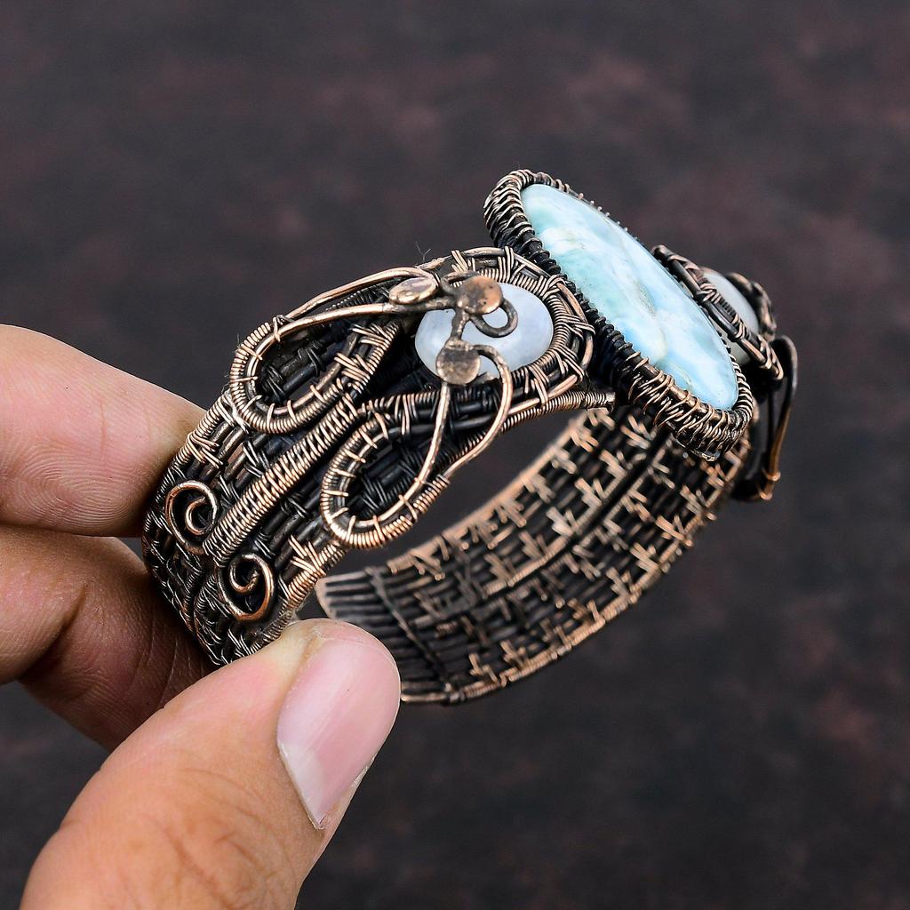 Larimar Cuff Bracelet Copper Wire Wrapped Adjustable Bangle Rainbow Moonstone Gemstone Bangle Copper Jewelry Gift For Her Handmade Bracelet