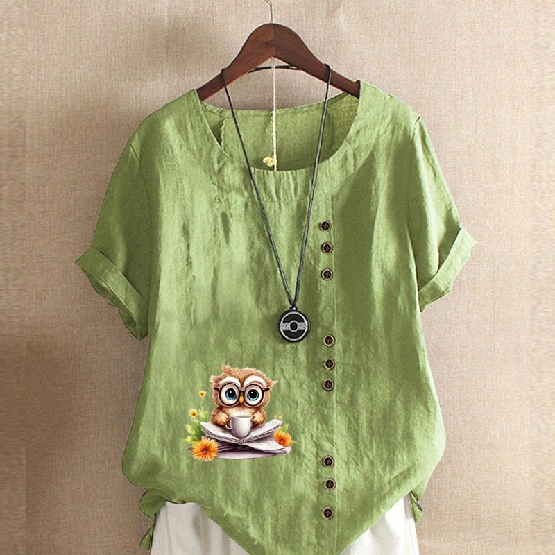 Women's Fashion Owl Reading Prined Short Sleeve T-shirt Loose Cotton Shirt Casual Loose Summer Blouse Tops Plus Size
