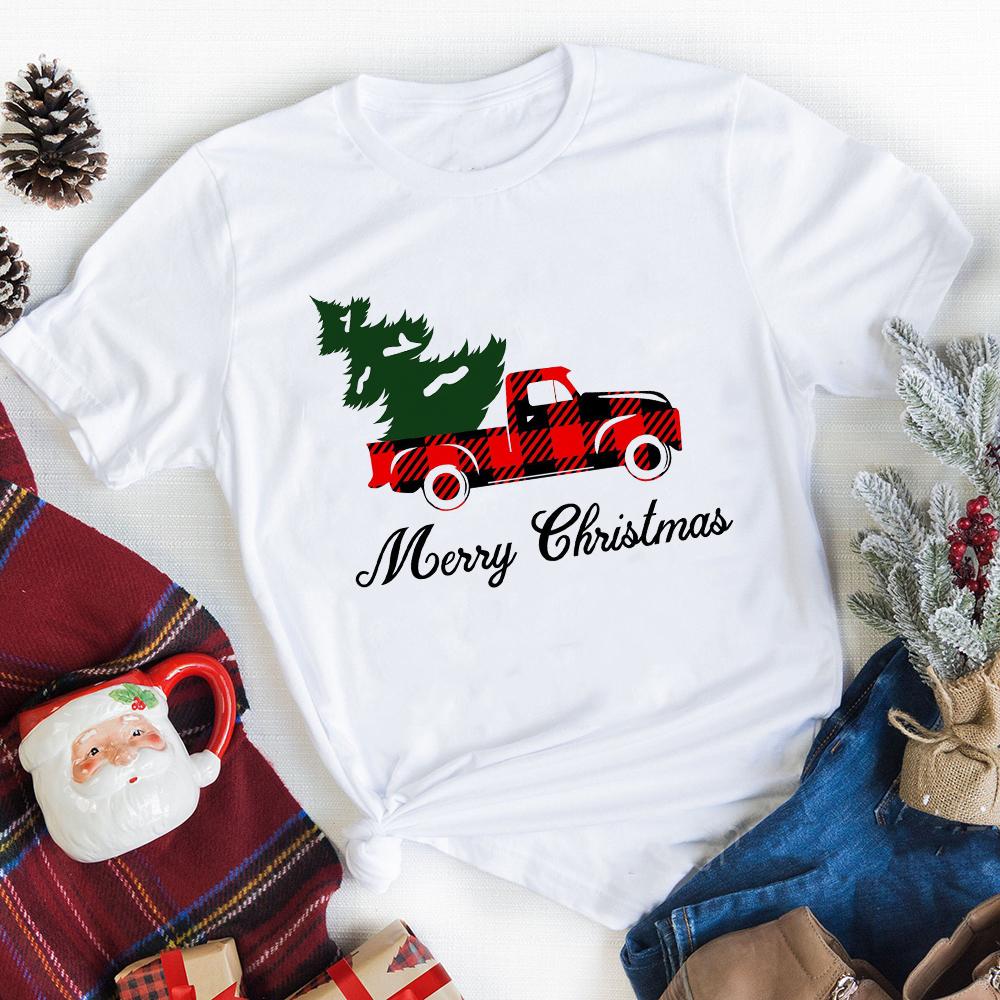 Merry Christmas Plaid Tree Printed T Shirt Fashion Graphic Women Top Tshirt Female Kawaii Tee Ladies
