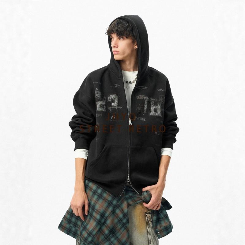 American Fall Winter 350g Fleece Hoodie Men Women Oversize Printed Casual Couple Zip Up Sweatshirt