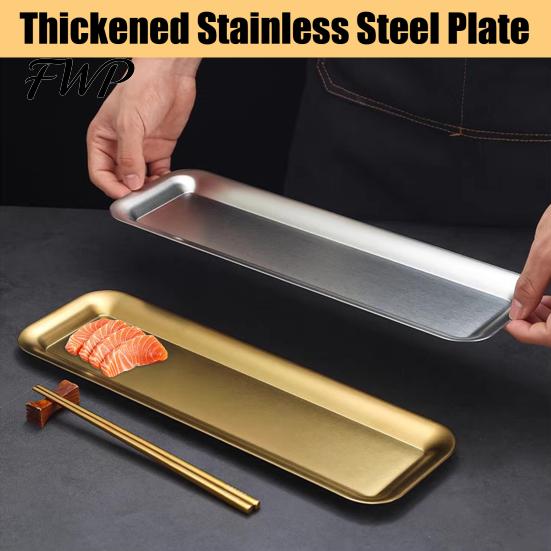 One-piece Molded Serving Tray Stainless Steel Rectangular BBQ Plate Korean Style Roasting Pan for Barbecue Meat Snack Dessert Sushi Dish Home Kitchen