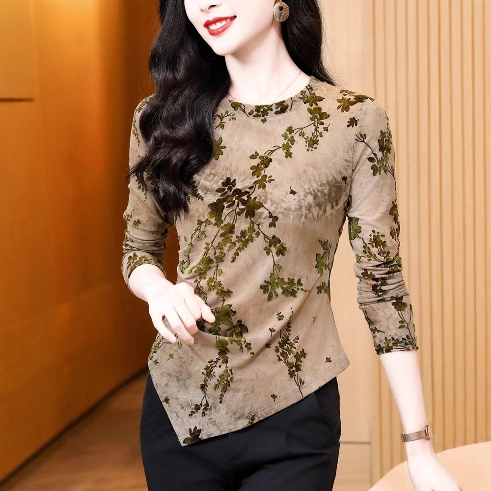 New Round Neck Retro Long-sleeved Flocking Mesh Base Shirt for Women Pullover T-shirt Top
