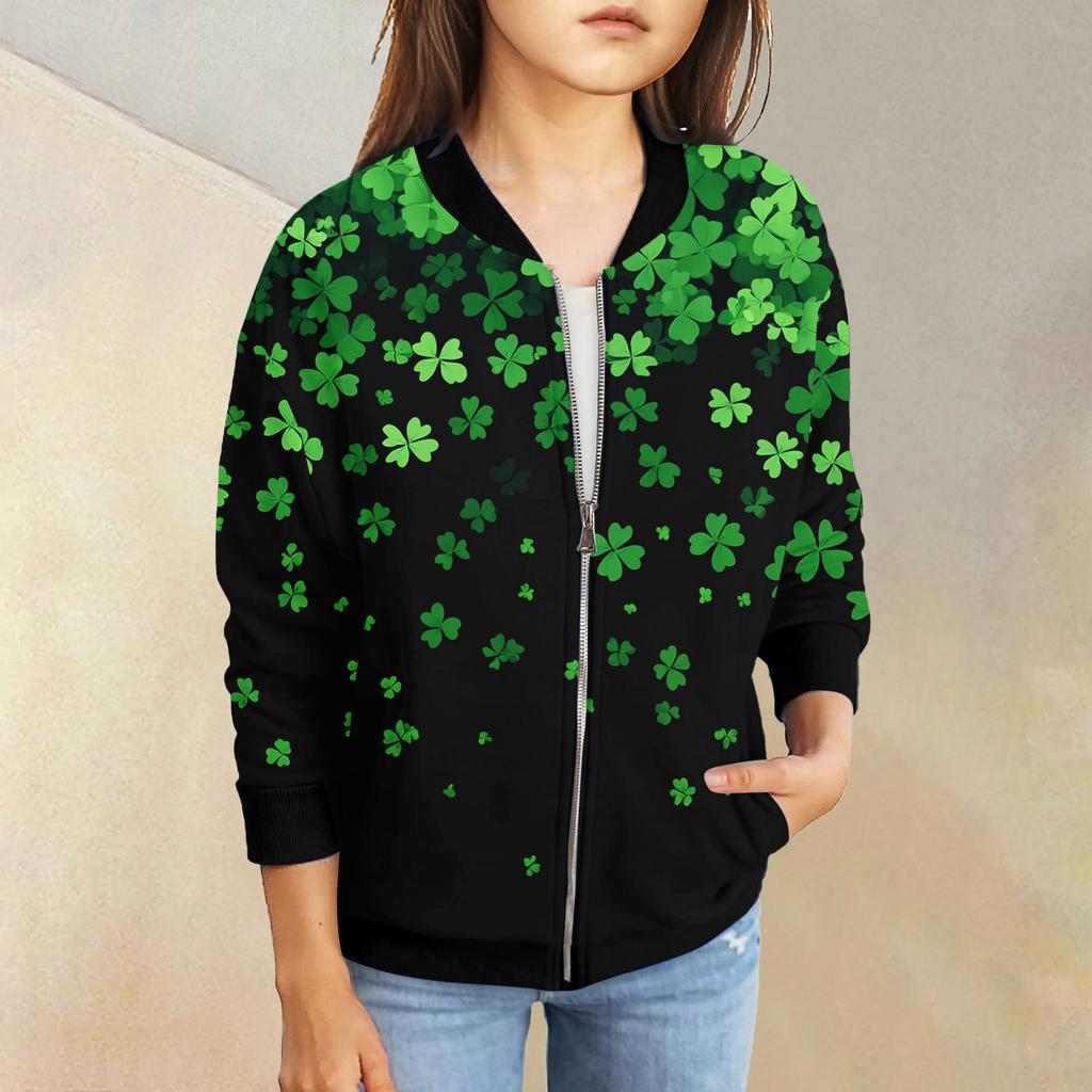 Девочки куртки на молнии детские осенние толстовки с длинным рукавом верхняя одежда с карманами St. День Святого Патрика 5-15 лет