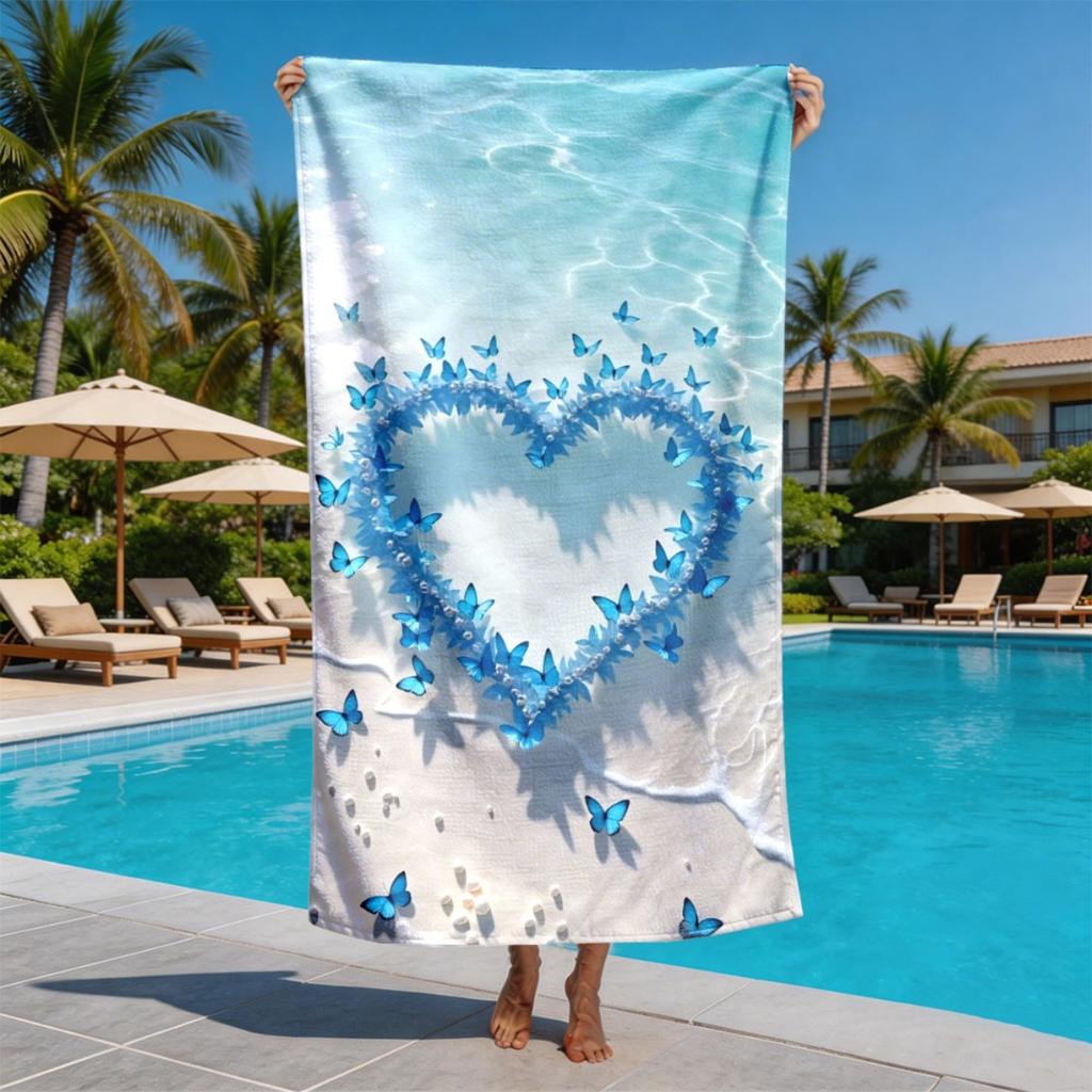 Beach Butterfly Heart Theme polyester microfiber beach towel is highly absorbent, suitable for swimming and beach outings