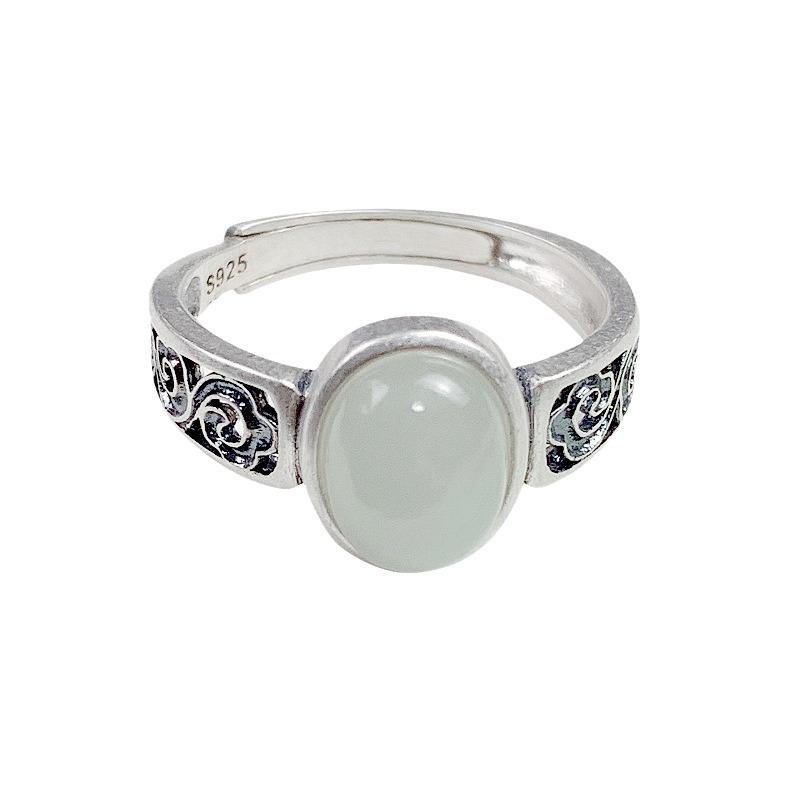 Elegant Openwork 925 Sterling Silver Hetian Jade Cabochon Ring for Men and Women - Light Surface Index Finger Ring