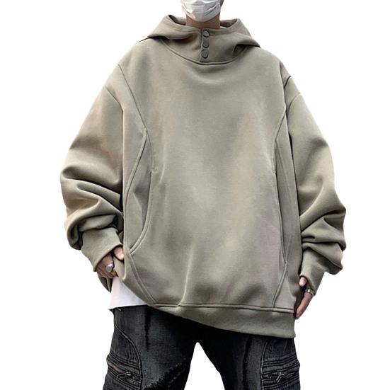 Fall Winter Men Hoodie with Big Pockets Buttoned Hood Loose Elastic Cuff Warm Pullover Mid Length Hip Hop Solid Color Top for Sport Daily Wear
