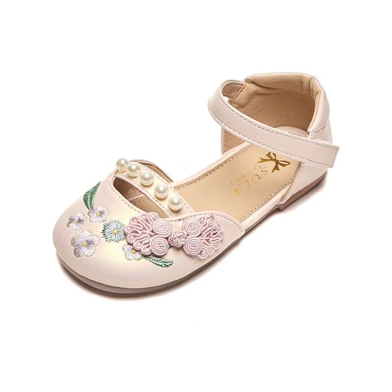 Детские туфли ханьфу с цветами 2024 года, летние туфли для девочек в китайском стиле из кожи для вечеринки, свадьбы, классические вышитые туфли принцессы
