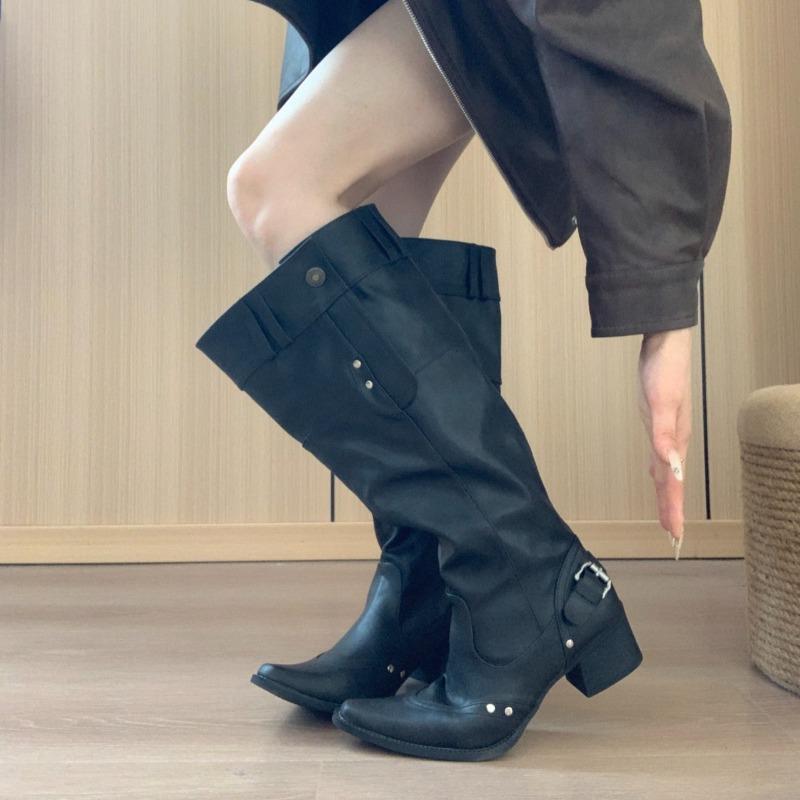 Retro Belt Buckle Tall Boots Autumn New Pointed Toe Sleeve Non-Slip Wear-Resistant Block Heel Shoes