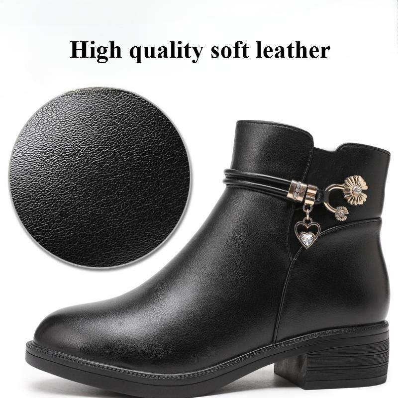 Fashion Soft Leather Women's Boots Winter Womens Snow Boots Rhinestone Ankle Boots Fashion Thick Heels Women Cotton Shoes Non-slip Botas