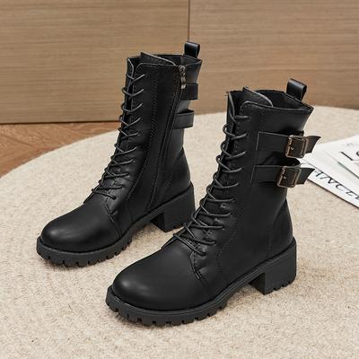 Женские однотонные минималистичные ботинки зимние короткие плюшевые туфли для женщин удобные ботинки на шнуровке на толстом каблуке универсальные ботинки до середины голени