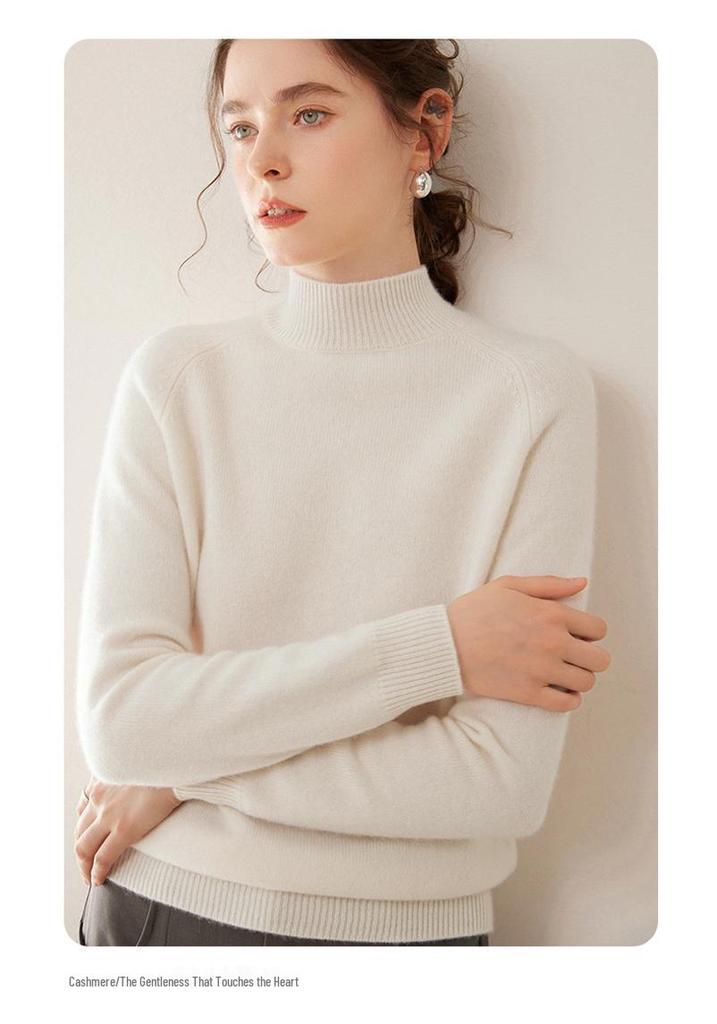 Women's 100% Pure Cashmere Soft Knit Sweater, Half-High Neck, Loose, Skin-Friendly, Slimming Base Layer