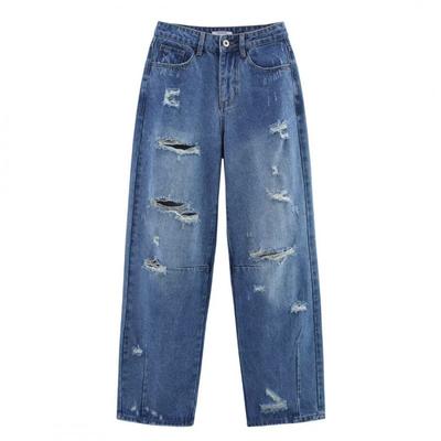 Womens Street Style Distressed Wide Leg Jeans High Waist Loose Fit Casual Denim Pants