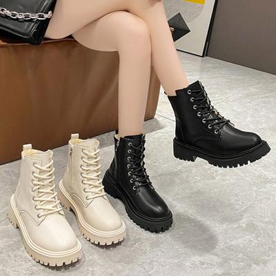 Женские ботинки осень-зима короткие плюшевые ботильоны женские большие размеры на платформе мотоциклетные ботинки на шнуровке обувь в стиле панк для женщин