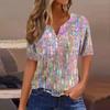 Women's Casual Sequin Printed V-Neck Short Sleeve Decorative Button T-Shirt Top