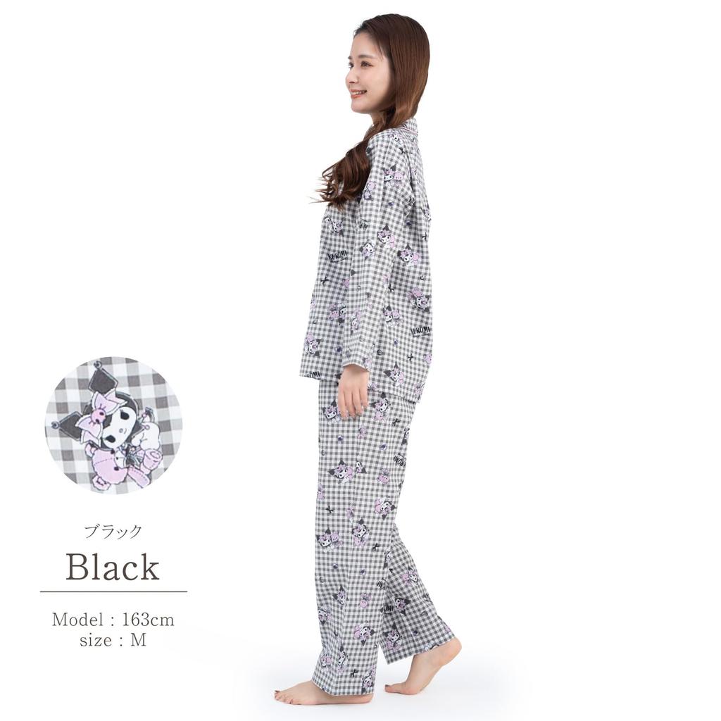 SAZAC Kuromi Gingham Pajama Cotton Long Sleeve and Loungewear Set, 100% Broadcloth, Women's Pants, (Black/M/SAN1782)