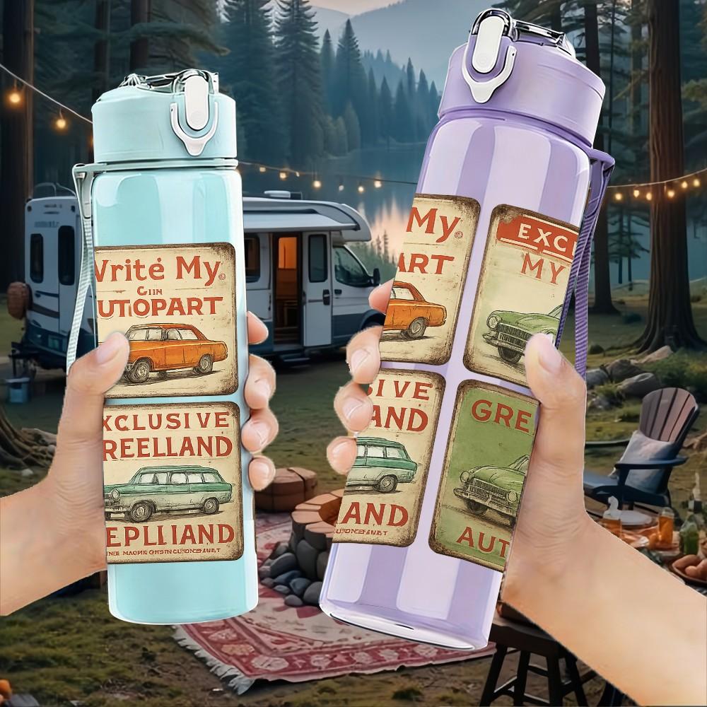 1PC Vintage Truck Sign Collage Print 750ml Color Plastic Sports Water Bottle Leakproof Flip Straw Lid For Sports Office Home Use