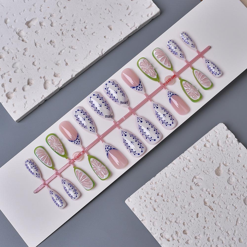 24-Piece Summer Lime Almond French 3D Handmade Wearable Faux Nails Set